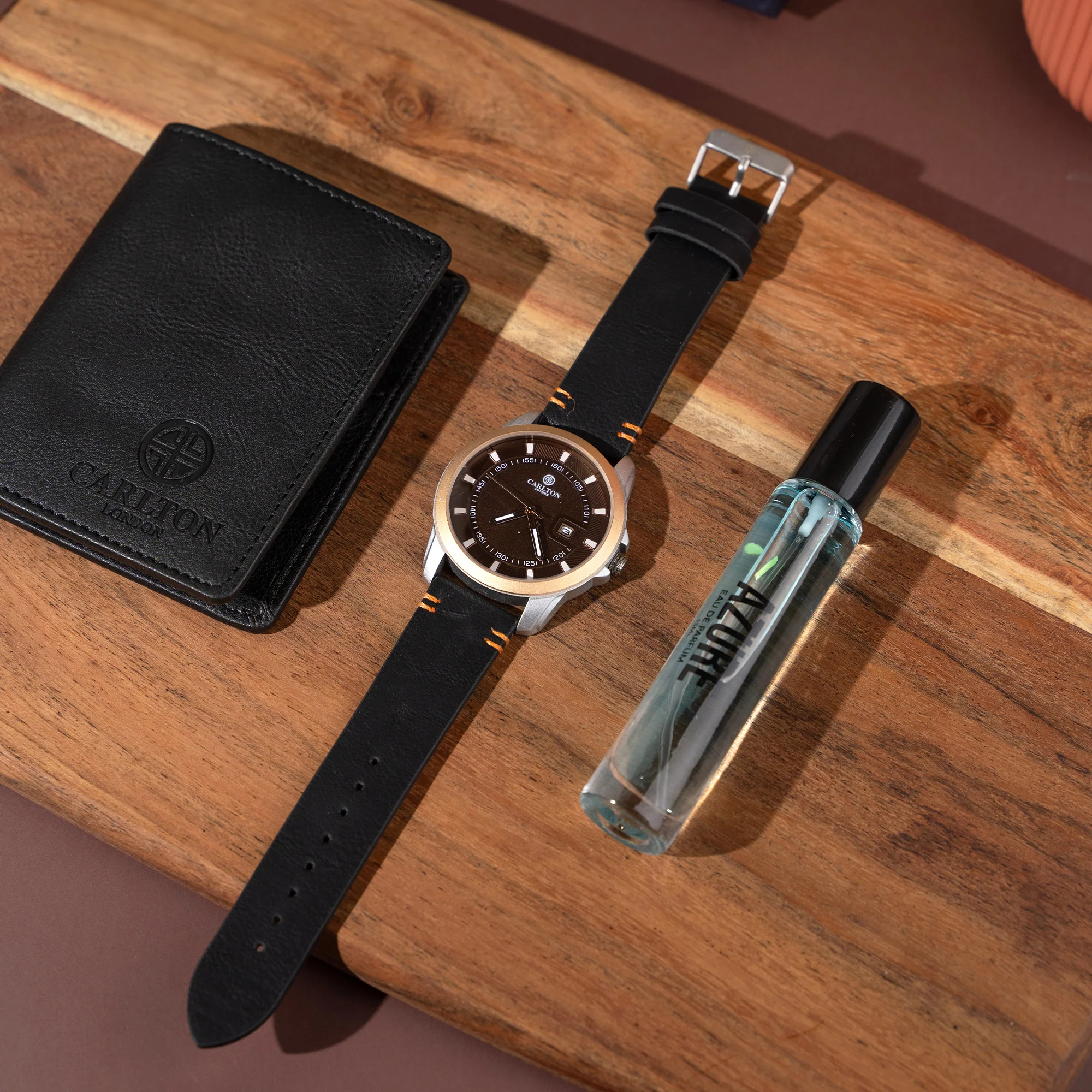 Men Gift Set of 3 Azure Perfume + Duke Brown Dial Watch + Card Holder - CLPLG039 - Image 3