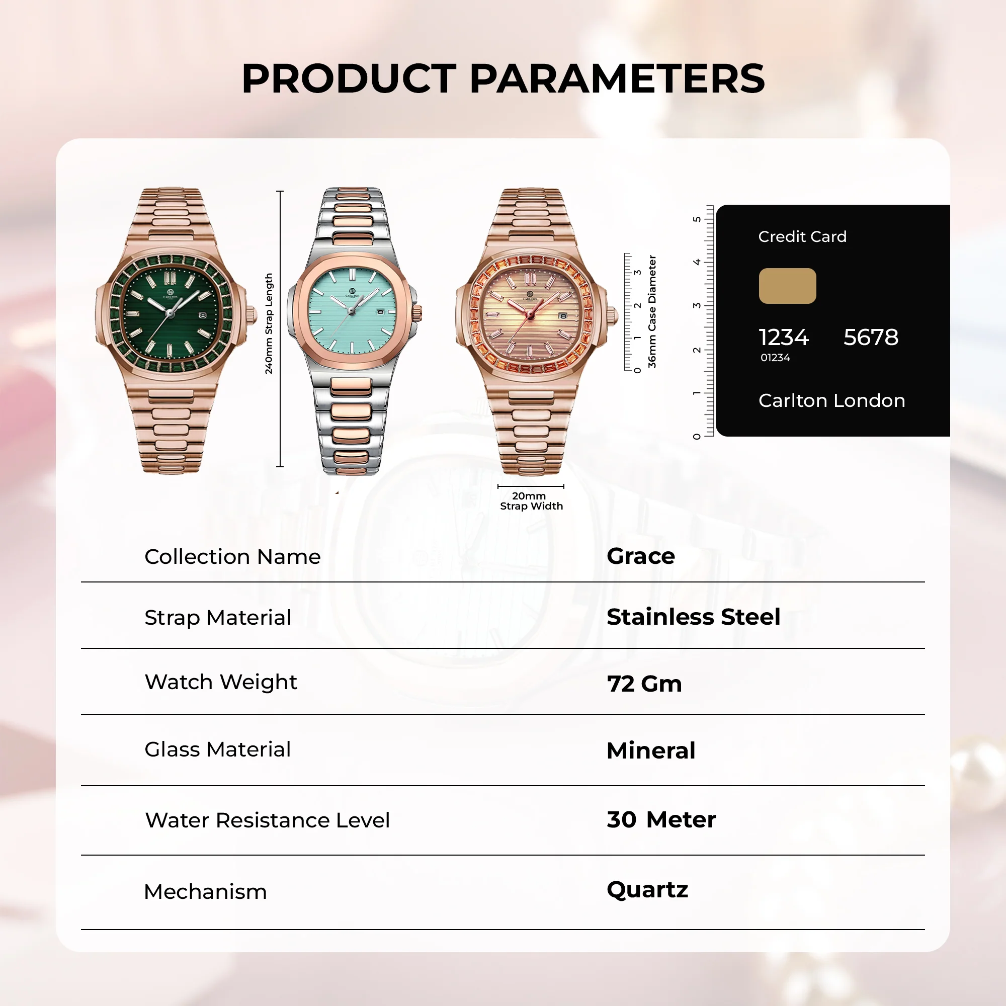 Grace: Women's Rose Gold/ Green Analog Watch - CLDPP-002 - Image 5