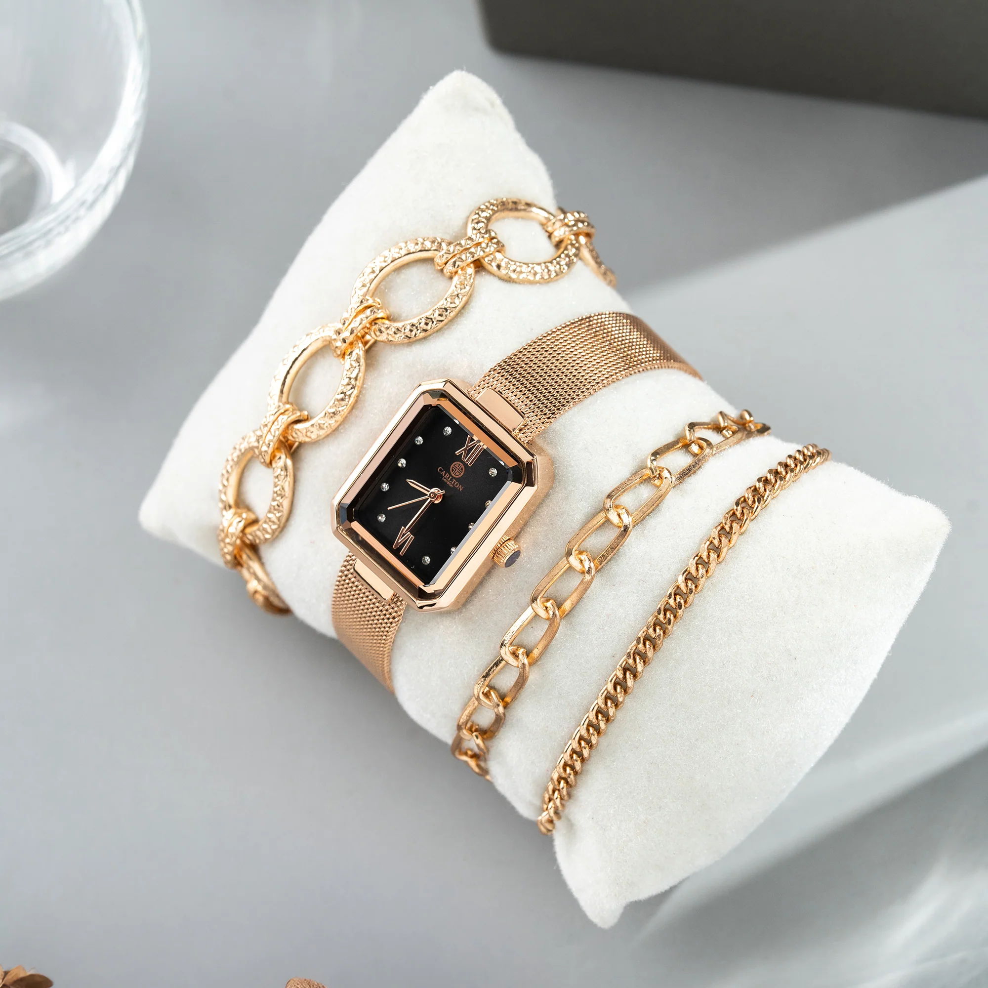 Women Gift set Of 4 Black Dial Watch + 3  Bracelets - CLPLG078 - Image 4