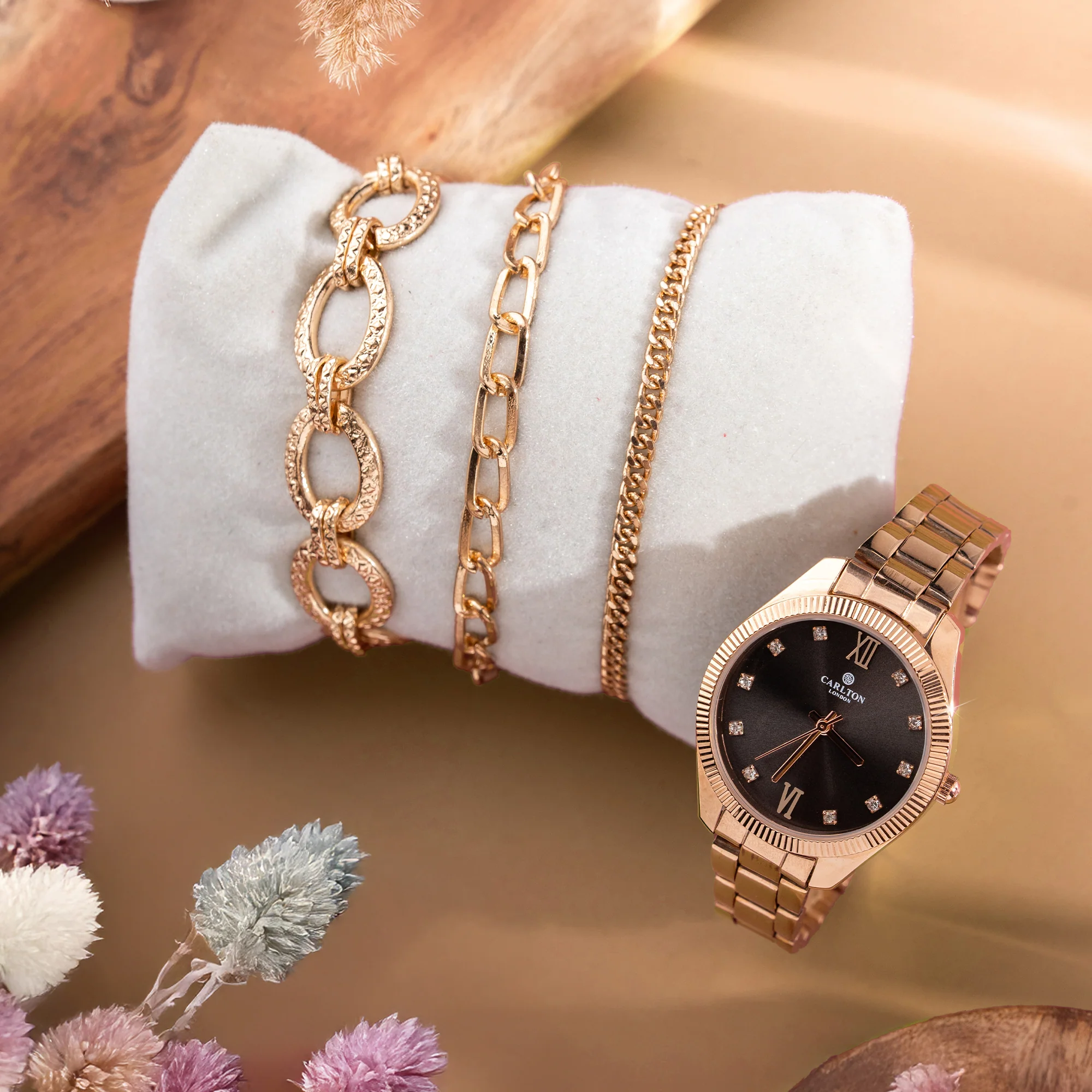 Women Gift Set 4 Of Black Dial Watch + 3  Bracelets - CLPLG075