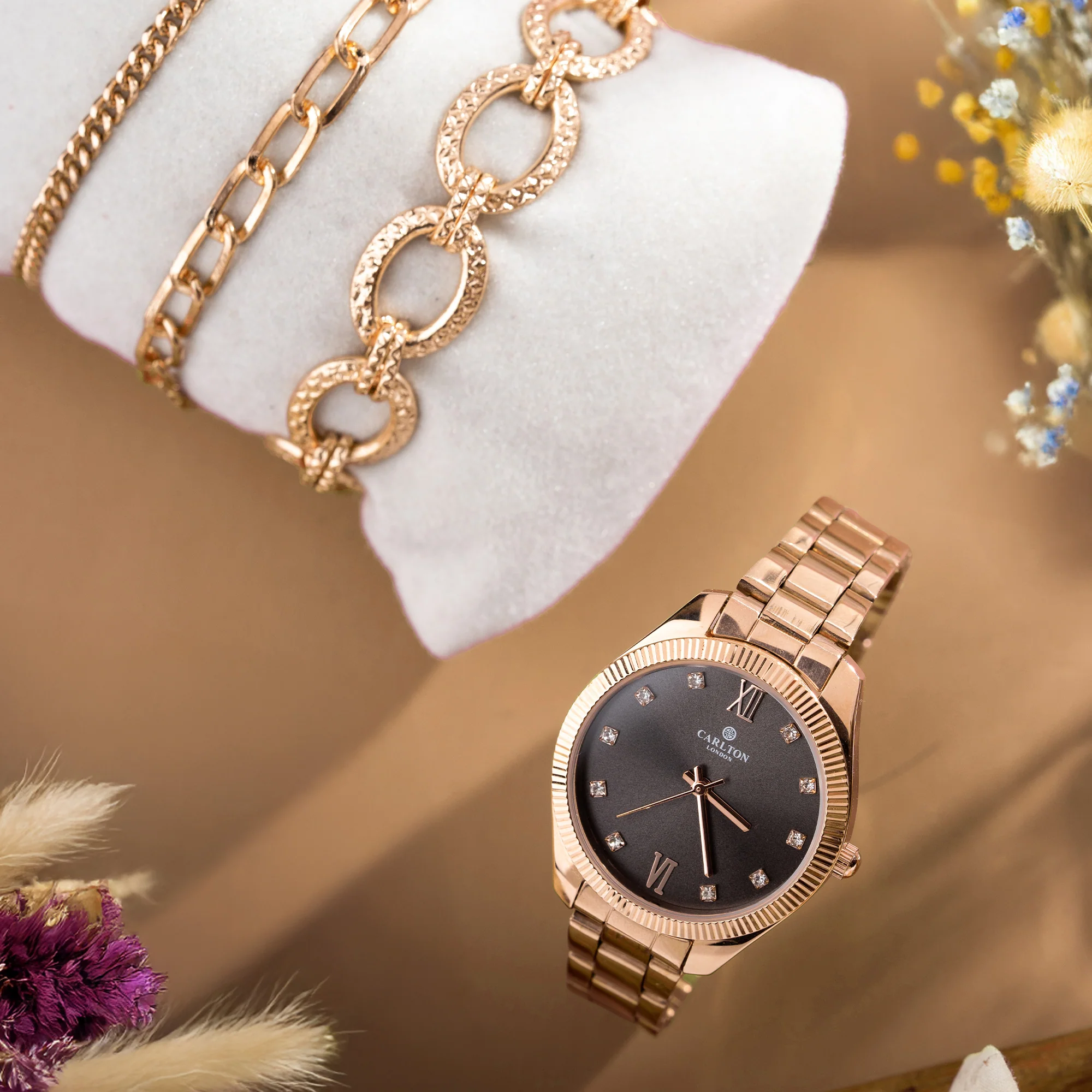 Women Gift Set 4 Of Black Dial Watch + 3  Bracelets - CLPLG075 - Image 2
