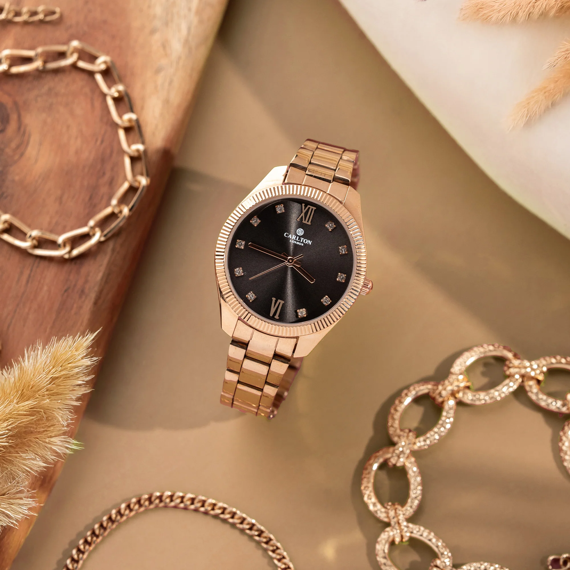 Women Gift Set 4 Of Black Dial Watch + 3  Bracelets - CLPLG075 - Image 5