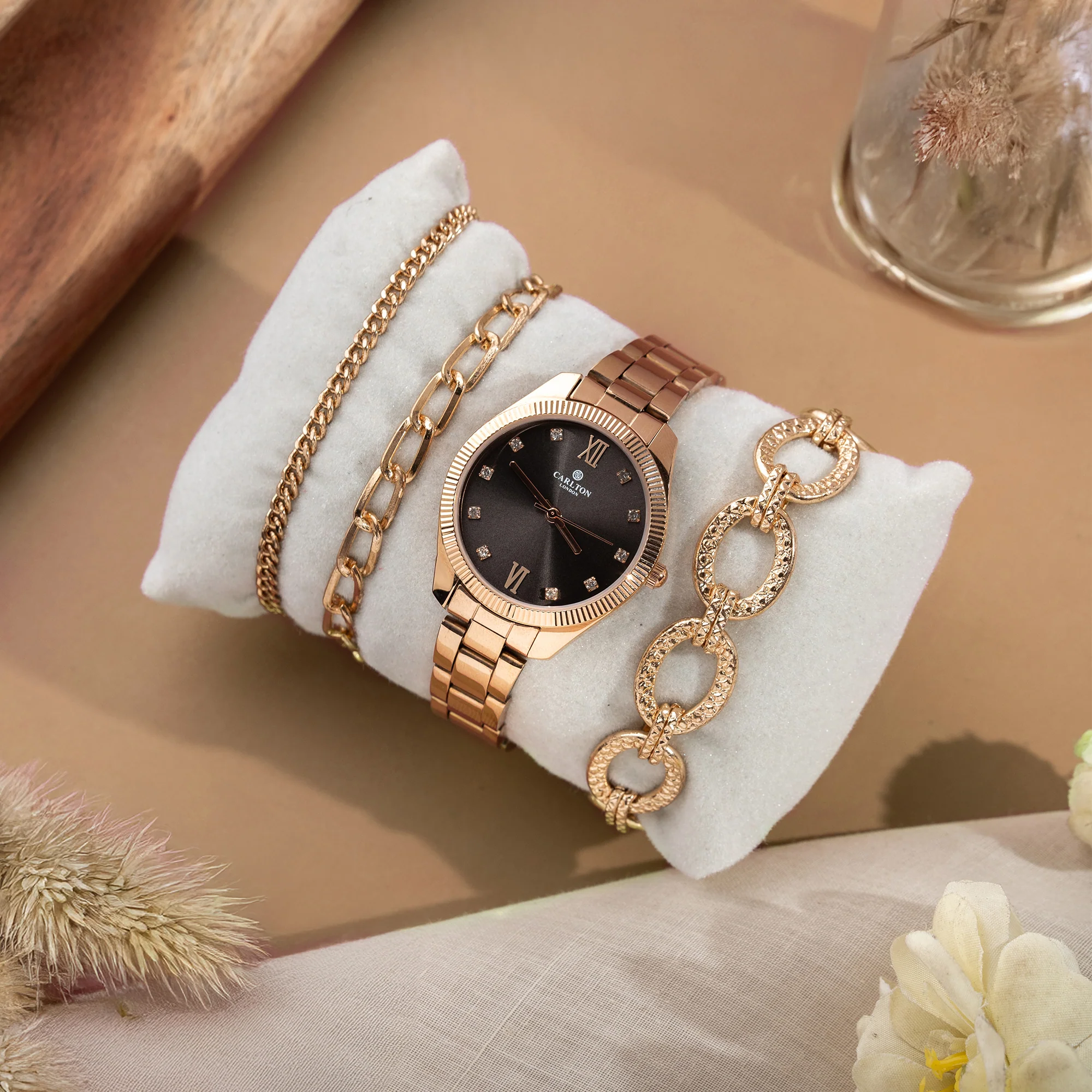Women Gift Set 4 Of Black Dial Watch + 3  Bracelets - CLPLG075 - Image 6