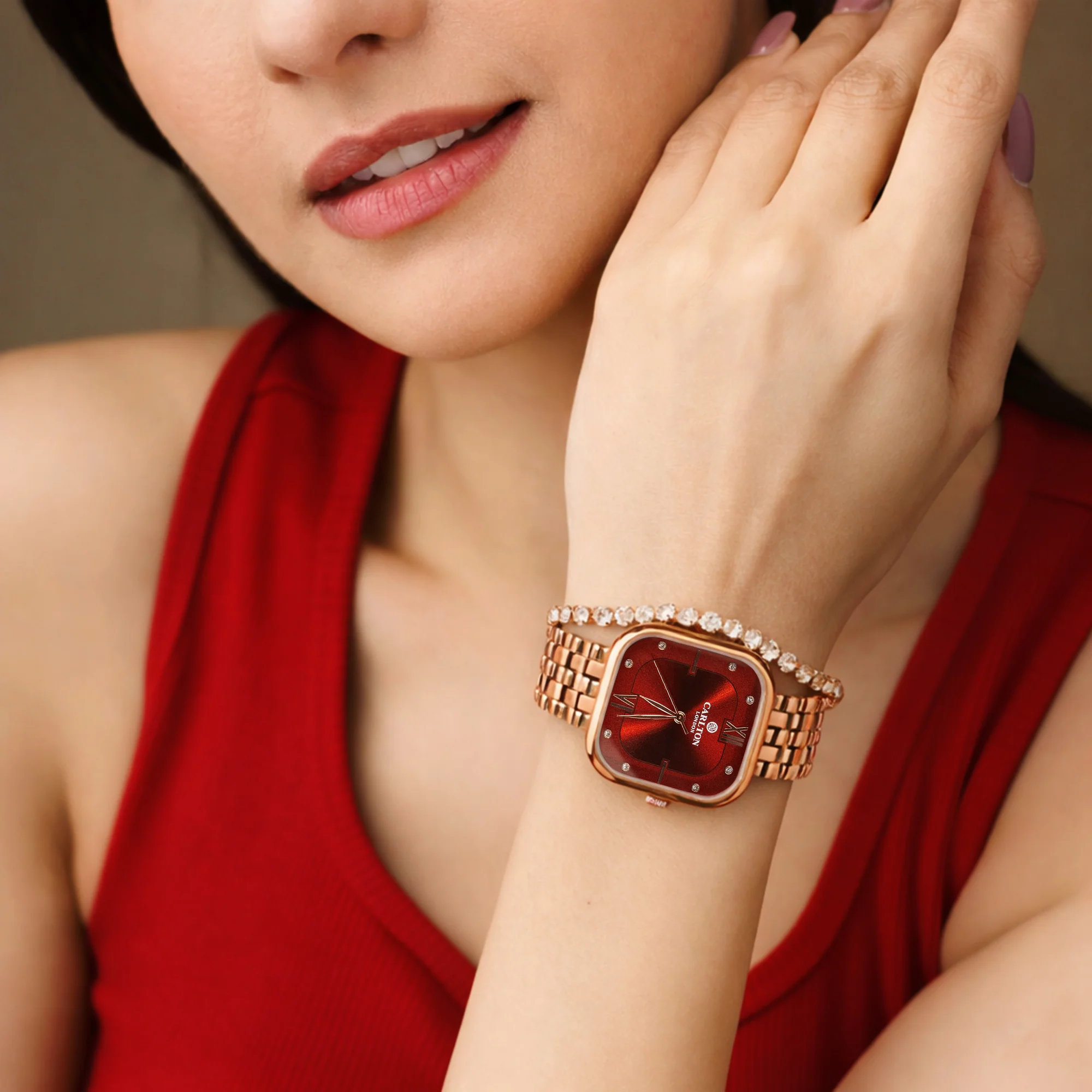Women Watch Gift 2 - Chelsea Red Analog Watch + Tennis Bracelet - CLPLG118 - Image 3
