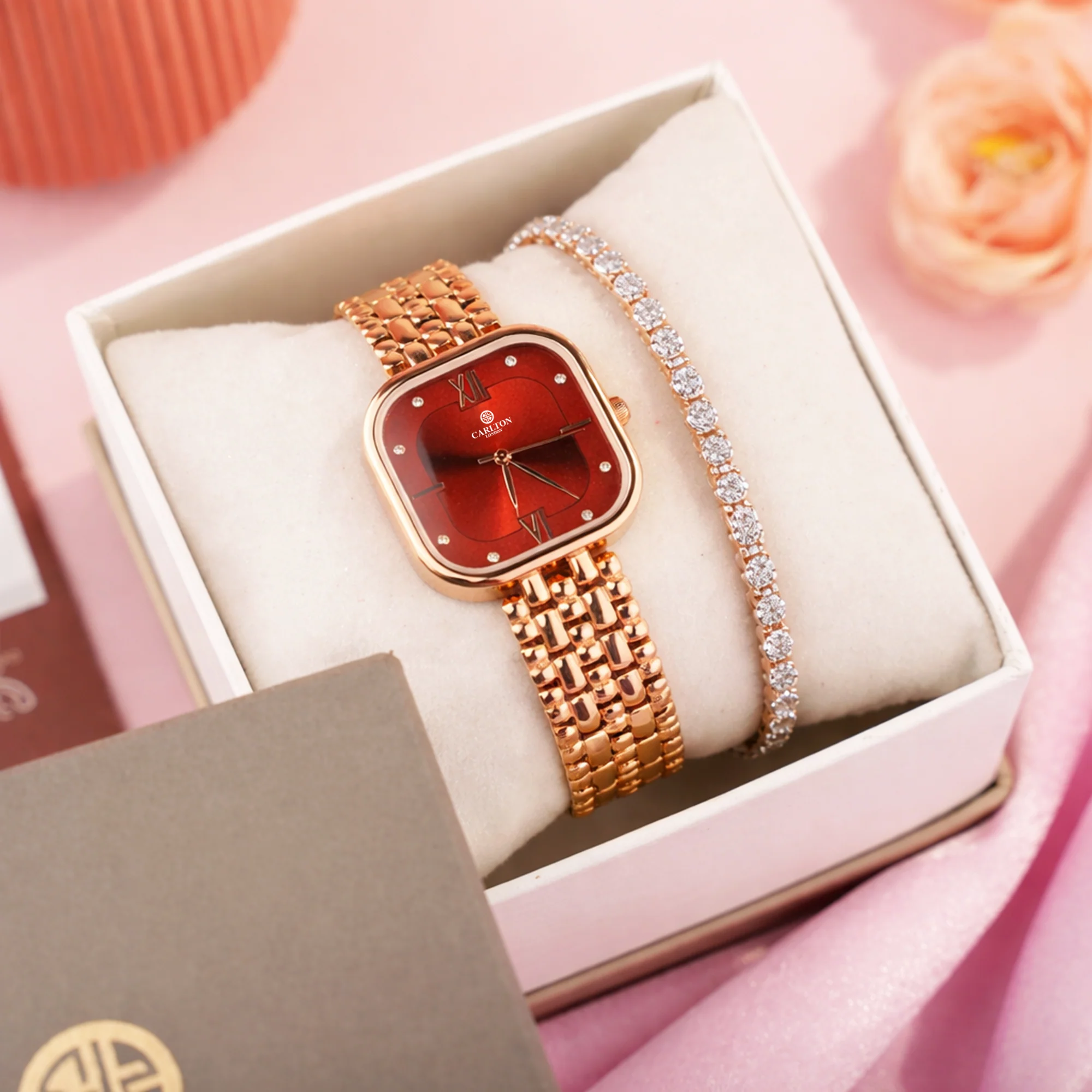 Women Watch Gift 2 - Chelsea Red Analog Watch + Tennis Bracelet - CLPLG118 - Image 4